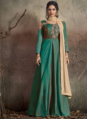 Navya Vol 14 By Vardan Green Tapeta Silk Evening Ready Made Three Piece Gown 1402 By Vardan
